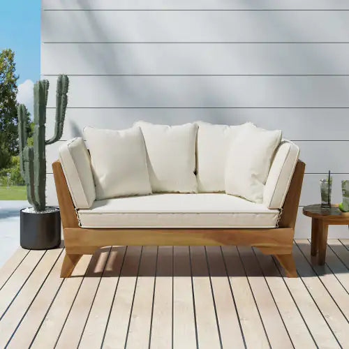 Serene Sun Bed – Teak Acacia Wood Frame with Expandable Design and Waterproof Cushions (Full Size, 65"–82" Adjustable Width)