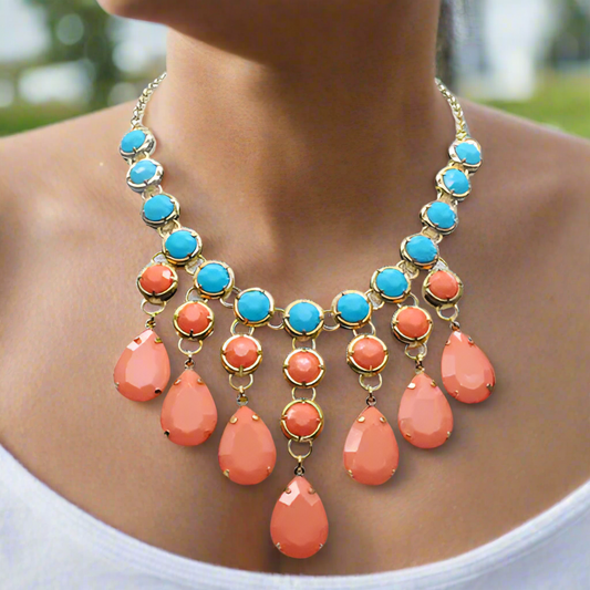 The Bohemian Necklace – Tropicana (Coral & Turquoise Statement Piece with Adjustable Fit)