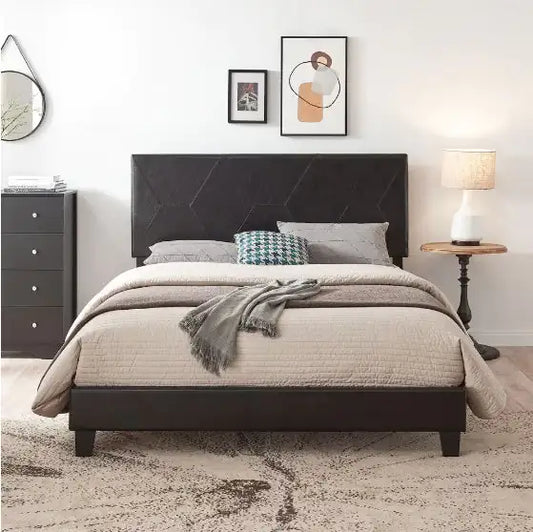 Queen Size Upholstered Platform Bed Frame – Wooden Slatted Support, Easy to Assemble, Black PU