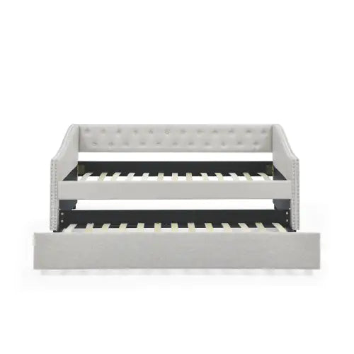 Double Sofa Bed with Double Roller – Tufted Upholstered Sofa with Button Back and Brass Studs on Wavy Arms, Beige (80.5"x41"x30.5")