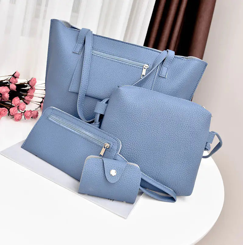 4-in-1 Handbag Set – Glamorous Vegan Leather Tote, Crossbody, Wristlet, and Cardholder