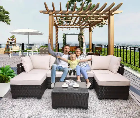Outdoor Garden Patio Furniture 7-Piece PE Rattan Sofa Set with Cushions & Coffee Table – Beige
