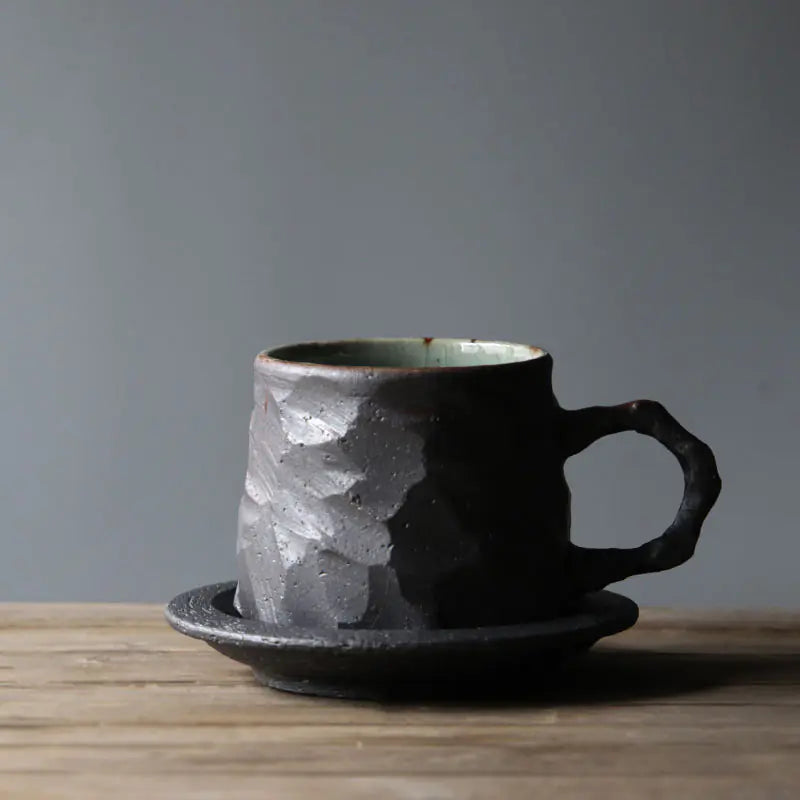 Japanese Vintage Ceramic Coffee Cup and Saucer Set – Handcrafted Stoneware Coffee Mug with Matching Plate (10.1oz, White / Yellow / Black)