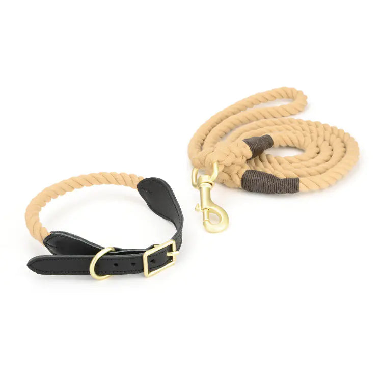 Cowhide Woven Cotton Rope Dog Leash & Collar Set – Durable & Stylish for All Breeds (Sizes S–XL)