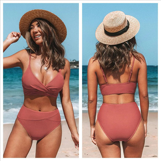 High-Waisted Solid Color Two-Piece Bikini – Elegant & Flattering Terylene Set (Sizes S–XL)