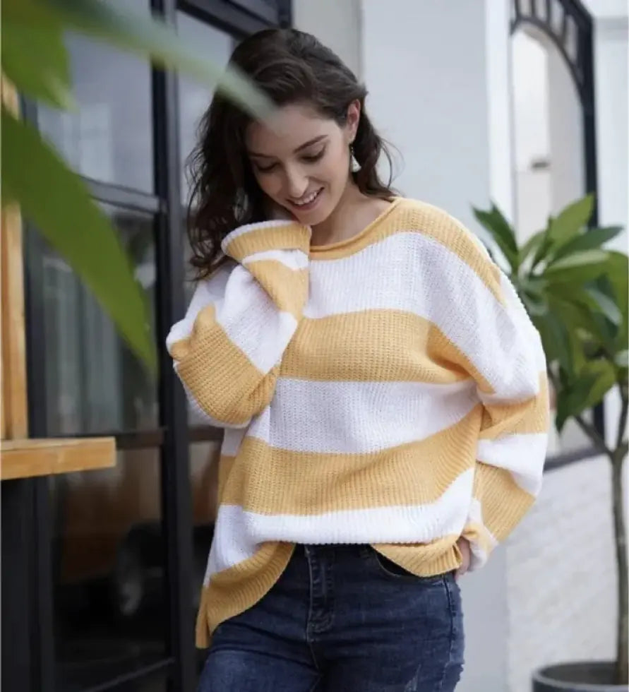 Women’s Striped Colorblock Sweater – Bold Multi-Tone Knit, Relaxed Fit, Soft Fabric (S–XL)