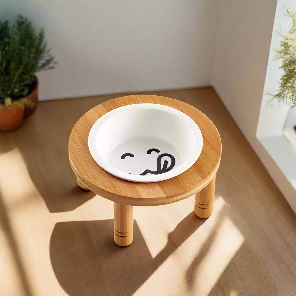 Elevated Bamboo &amp; Ceramic Pet Bowl – Ergonomic Design for Cats and Dogs