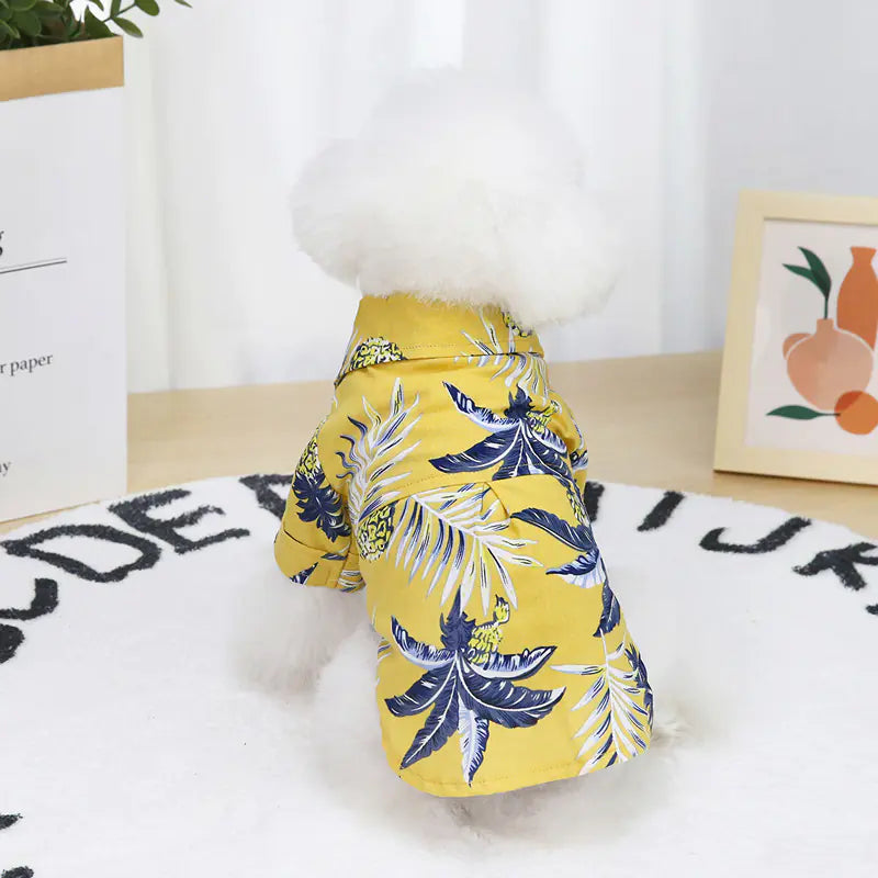 Summer Thin Pet Clothes – Lightweight Hawaiian Cotton Shirt for Dogs (Yellow & White, Sizes S–2XL)