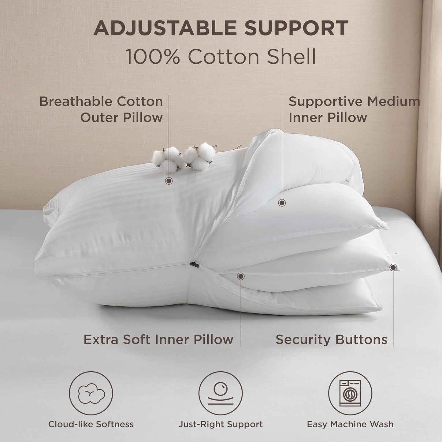 Adjustable Layer Bed Pillows for Sleeping – King Size, Set of 2. Soft & Firm Fluffy Pillows with 100% Cotton Cover and 4 Customizable Layers for Back, Side & Stomach Sleepers