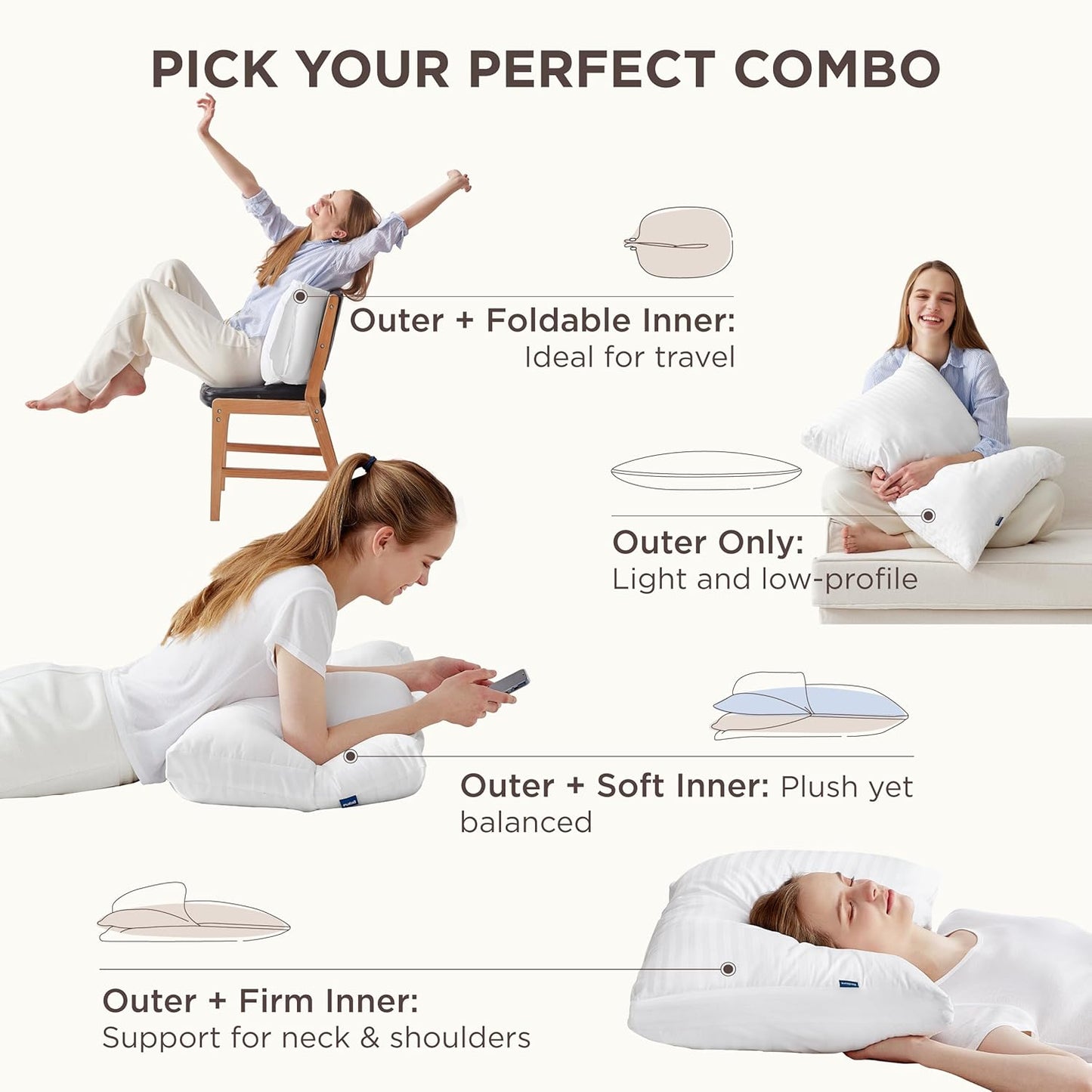 Adjustable Layer Bed Pillows for Sleeping – King Size, Set of 2. Soft & Firm Fluffy Pillows with 100% Cotton Cover and 4 Customizable Layers for Back, Side & Stomach Sleepers