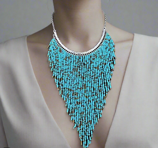 Bohemian Beads Waterfall Necklace – Handcrafted Turquoise or Silver Beads with Golden Accents (18" Chain + 10" Waterfall Drop)