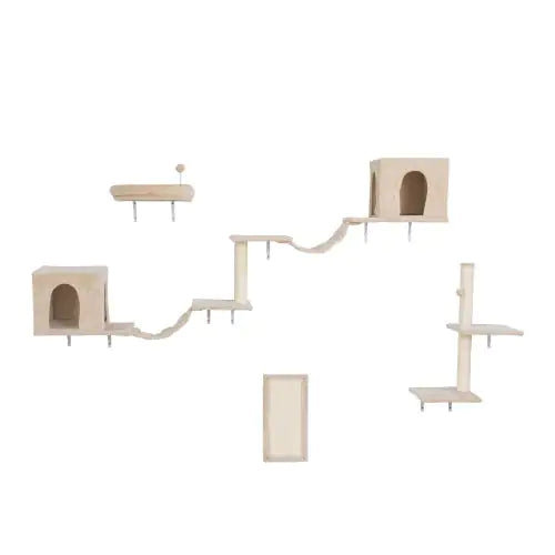Wall-Mounted Cat Tree with 2 Apartments, 3 Ledges, 2 Ladders & Sisal Scratcher – Modern Space-Saving Cat Furniture for Climbing, Scratching & Lounging