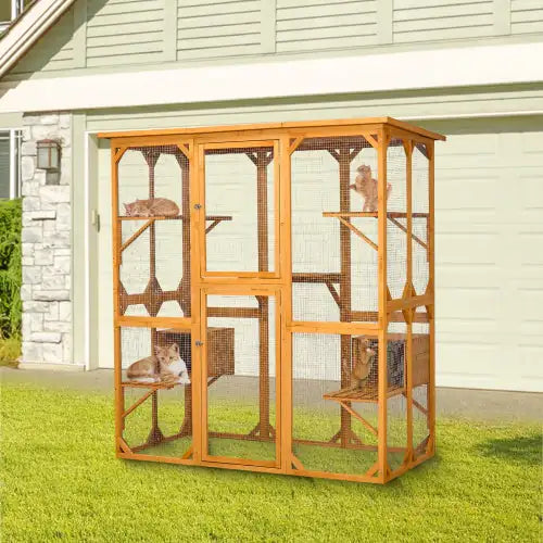 Catio Outdoor Cat Fence with Roof – 72" Tall Yellow Wooden Cat House