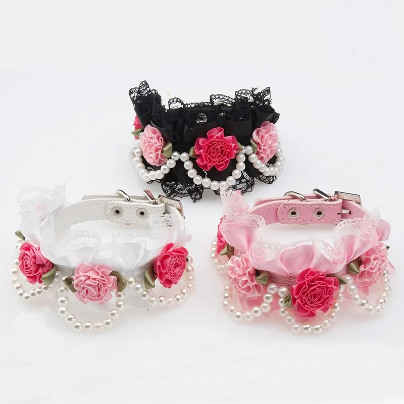 Fancy Leather Dog Collar – Crystal Rhinestone Buckle with Lace & Pearls for Small to Medium Dogs