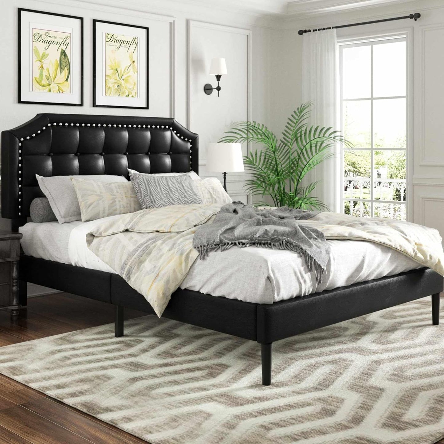 Full Size Platform Bed Frame with Headboard, Button Tufted & Rivet Design, No Box Spring Needed, Easy Assembly, No Noise, Beige Velvet
