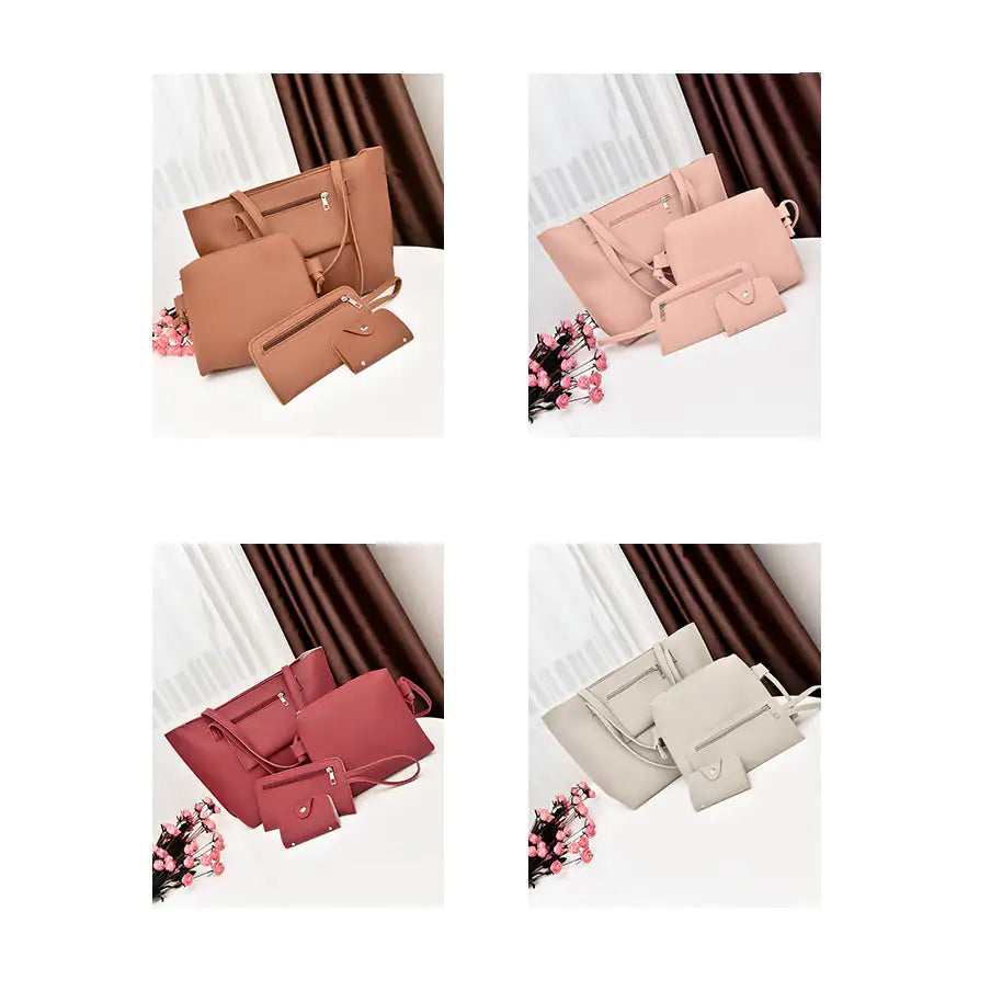4-in-1 Handbag Set – Glamorous Vegan Leather Tote, Crossbody, Wristlet, and Cardholder