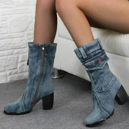 Denim Mid Boots – Thick Heel Fashion Boots with Side Zipper & Metal Accents (US 5–10.5)
