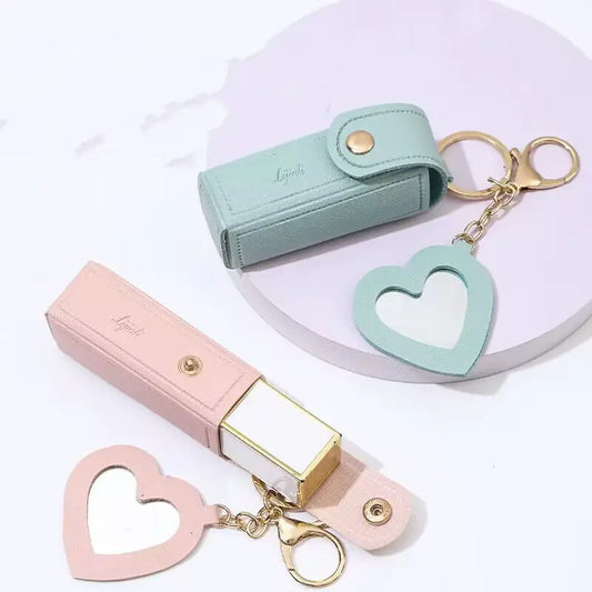 Coin Purse Keychain Lipstick Mini – PU Leather Lipstick Holder with Heart Charm & Key Ring
