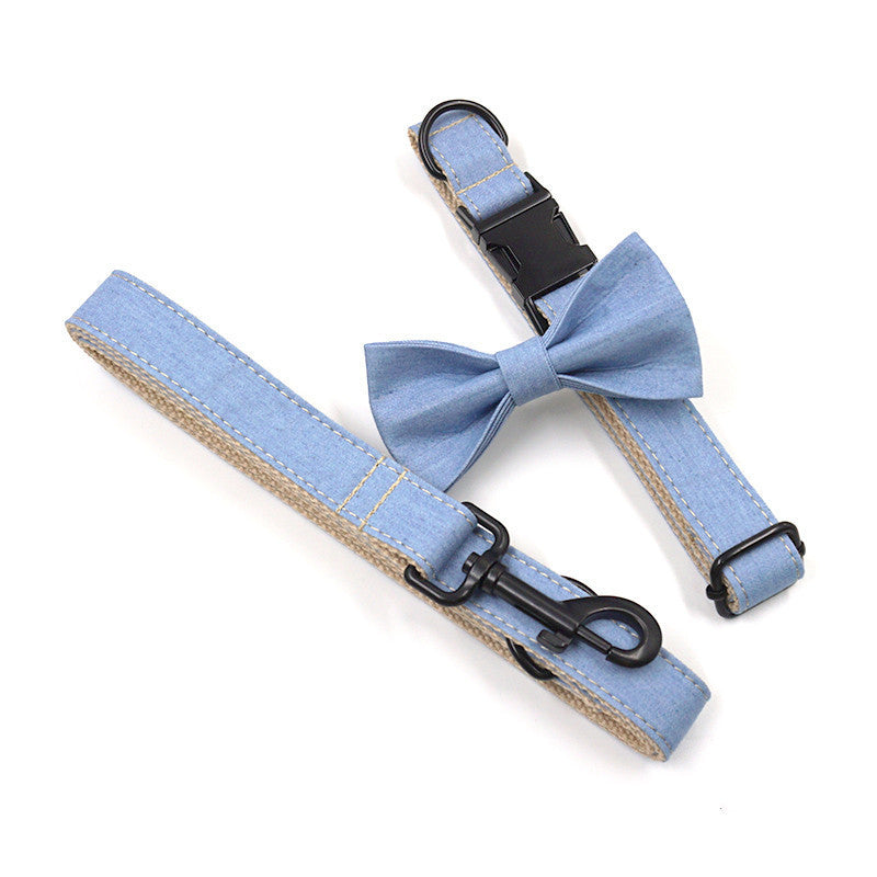 Buckle Lettering Deep Denim Pet Collar Dog Leash Bow Set – Stylish Comfort in a Denim-Inspired Look