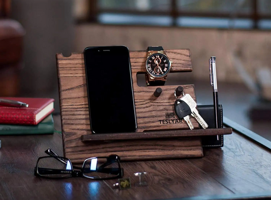Wood Phone Docking Station – Ash Key Hooks, Wallet Stand, and Watch Organizer for Men