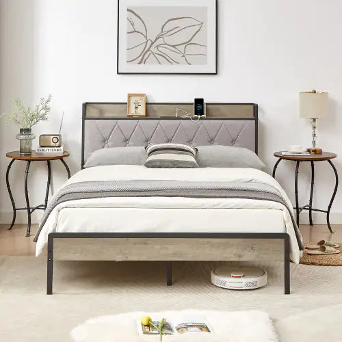 Full Size Bed Frame with Charging Station – Grey, 83.1" L x 56.1" W x 39.2" H