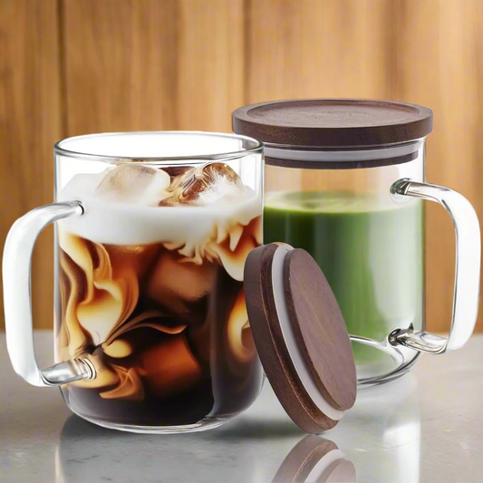 Glass Coffee Mugs with Acacia Wood Lids – 20 oz Large Set of 2 (Dishwasher & Microwave Safe)