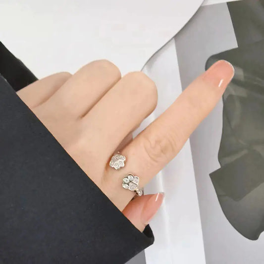 Open-End Paw Footprint Ring – Adjustable White Gold-Plated Copper Ring for Paw Lovers