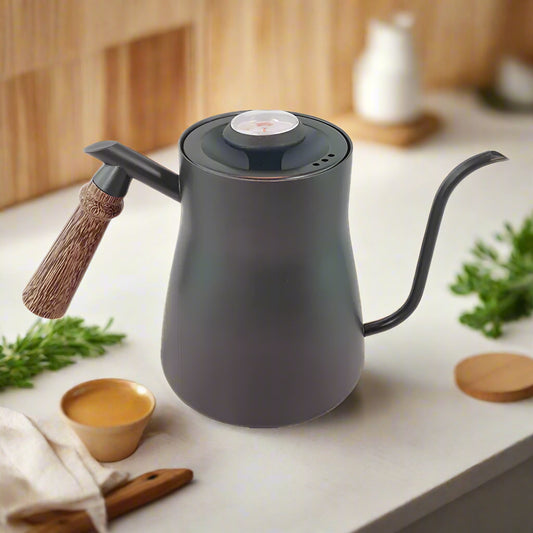 Coffee Dripper with Thermometer – 500ml Stainless Steel Gooseneck Kettle with Wooden Handle, Temperature Control for Pour Over Brewing – Black