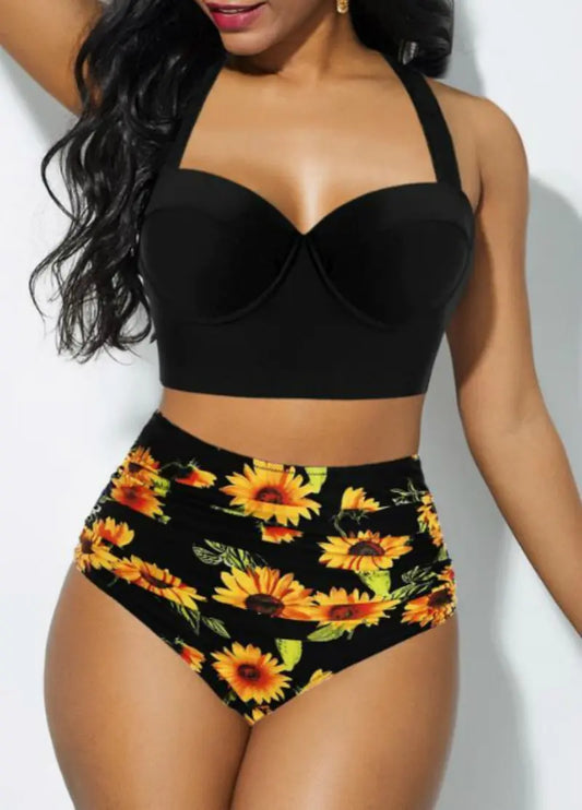 High-Waisted Floral Bikini – Elegant Curve-Enhancing Fit in Black or Yellow (Sizes S–3XL)