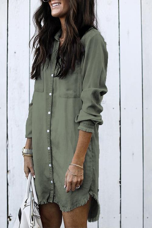 Fringe Denim Shirt – V-Neck Casual Chic in Light Blue, Blue & Army Green (S–XL)