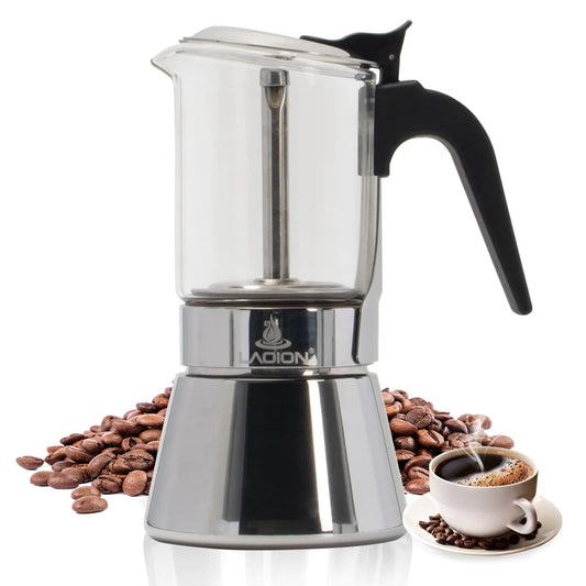 Stovetop Espresso Maker – 160ml Glass & Stainless Steel Moka Pot | Classic Induction-Compatible Italian Coffee Maker