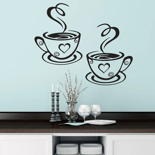 Coffee Cups Wall Stickers 2x – Kitchen & Bar Area Vinyl Decal, Black, 12.2"x7.4"