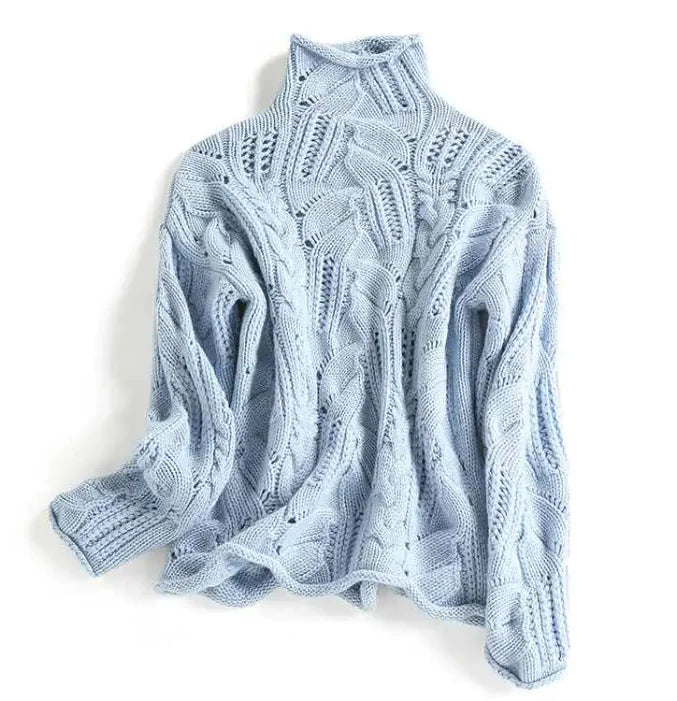Knit Sweater with Hollow Crochet Design – High-Neck Thick Pullover for Cozy Style (S–2XL)
