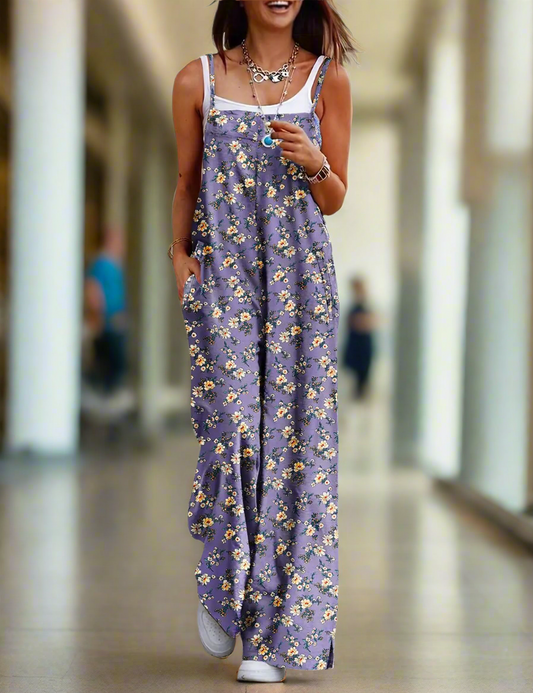 YESNO Women's Summer Boho Casual Jumpsuits Wide Leg Overalls Floral Print Baggy Rompers with Pocket PZZCR Medium Floral 08