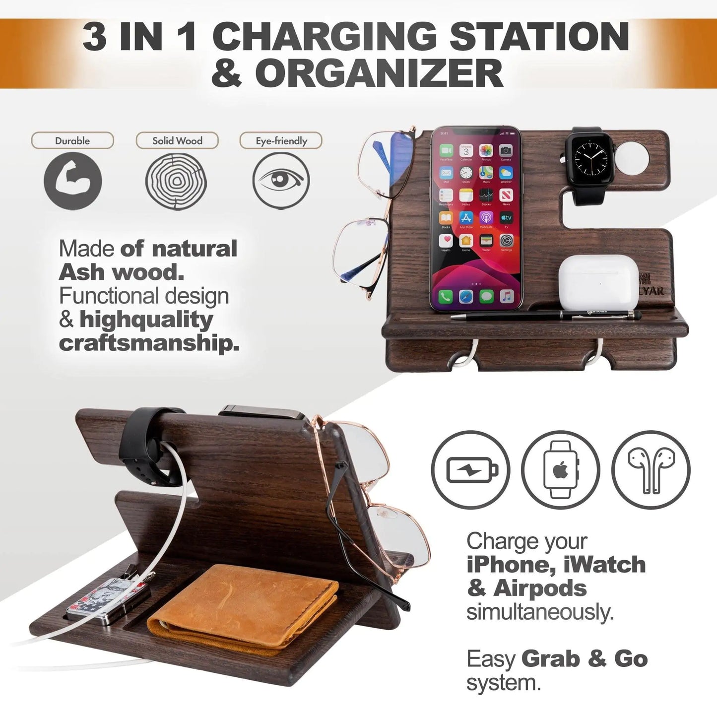 Wood Phone Docking Station – Wallet Stand & Watch Organizer for Men