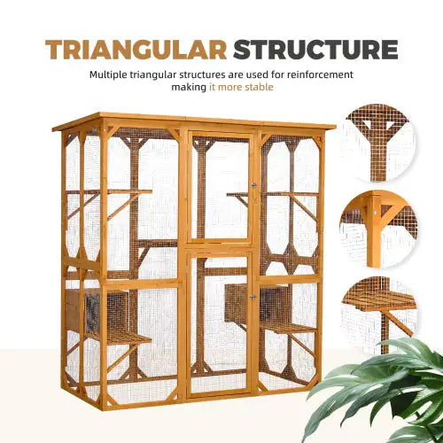 Catio Outdoor Cat Fence with Roof – 72" Tall Yellow Wooden Cat House