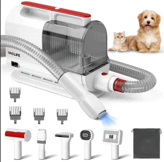 Pet Grooming Vacuum Kit – 3-in-1 Low Noise Deshedding & Trimming Tool (with Clipper, Brush & Large Dust Cup)