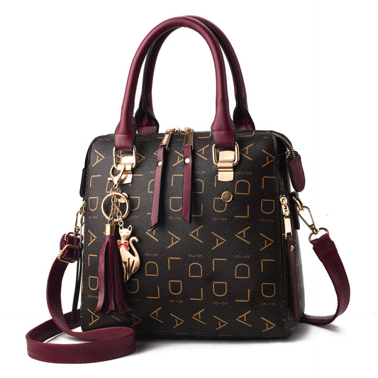 Vintage PU Leather Handbag – Stylish Letter Print Shoulder & Crossbody Bag with Cat Charm