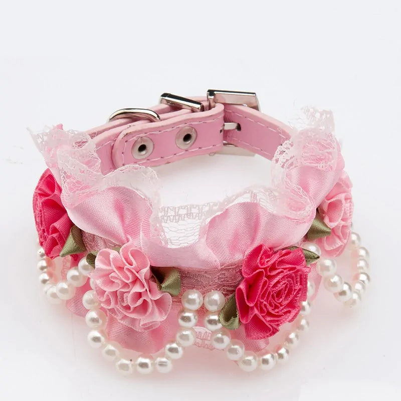 Fancy Leather Dog Collar – Crystal Rhinestone Buckle with Lace & Pearls for Small to Medium Dogs