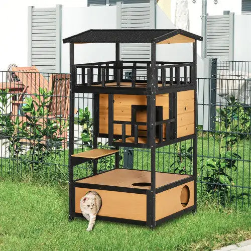 PawHut Wooden Outdoor Cat House – Yellow Wild Cat Sanctuary with Asphalt Roof, Jump Platforms, Escape Door, and Multi-Level Apartment Design