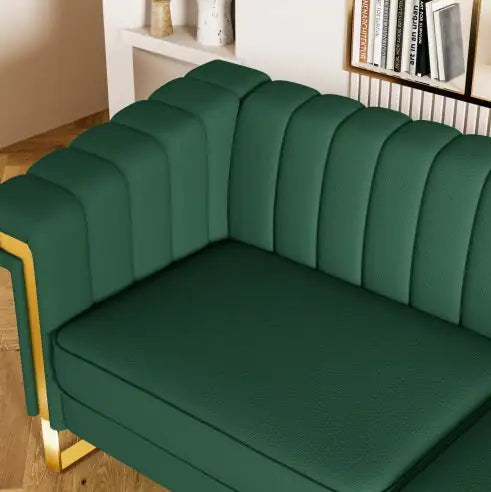Modern Green PU Sofa with Gold Accents – Channel-Tufted 3-Seater for Living Room & Office