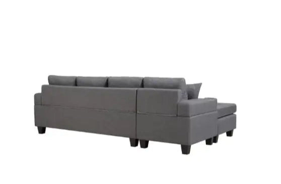 Fabric Sectional Sofa – Grey Upholstered L-Shaped Sofa with Cup Holders and Pillows