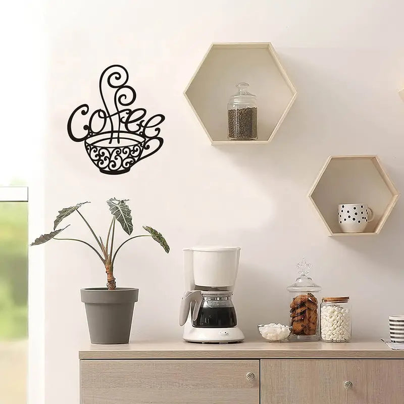 Coffee Cup Metal Wall Decor – 1 PCS Black Iron Coffee Bar Art (27x29cm / 10.6"x11.4")