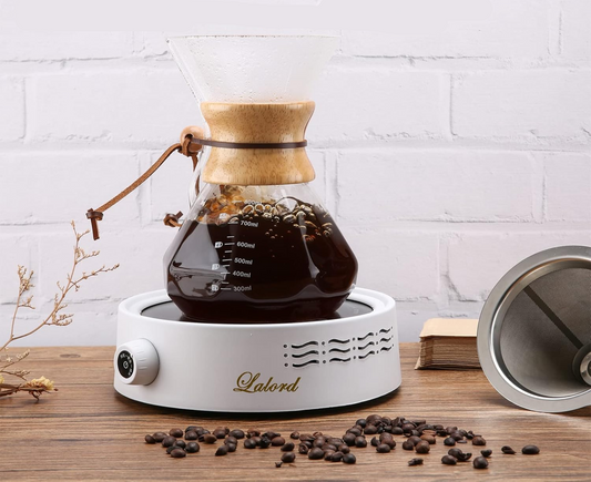 Pour Over Coffee Maker with Stainless Steel Filter – 600ml (20 oz) Borosilicate Glass Carafe with Wooden Collar – Holds 3-4 Cups, Gray