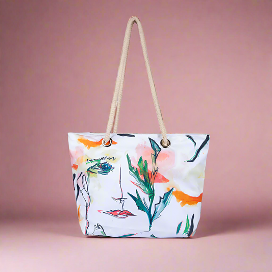 White Faces Beach and Shopping Bag – Artistic Tapestry Strap Tote with Zippered Pocket (37 x 30 x 12 cm)