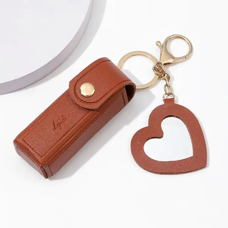 Coin Purse Keychain Lipstick Mini – PU Leather Lipstick Holder with Heart Charm & Key Ring