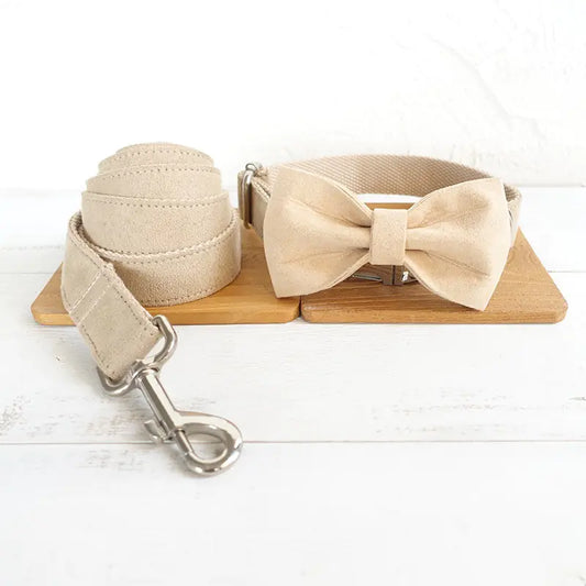 Dog Collar and Leash Set with Bow Tie – Elegant Velvet-Feel Pet Accessory for All Sizes (XS–XL)