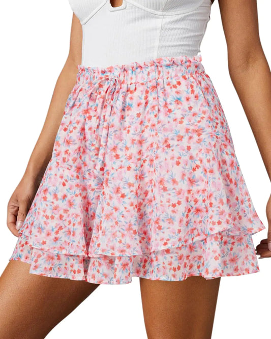 Flowy Shorts for Women Casual Boho Floral Skorts Ruffle Mini Skirts Running Tennis Butterfly Shorts Chiffon Shorts Small T Pink Green Floral