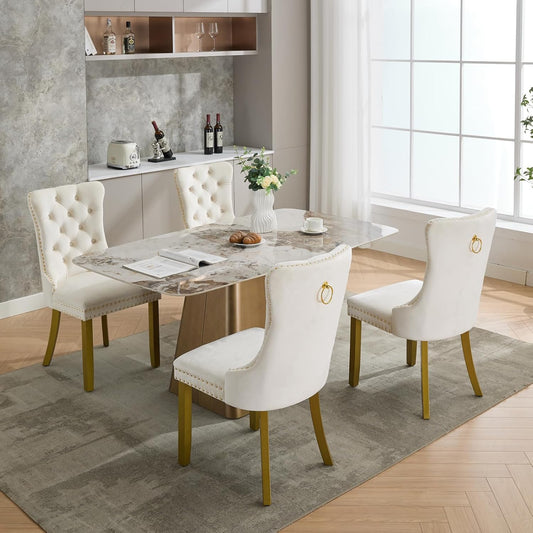 Velvet Dining Chairs Set of 6 – Cream High-Back Tufted Chairs with Golden Legs and Nail head Trim