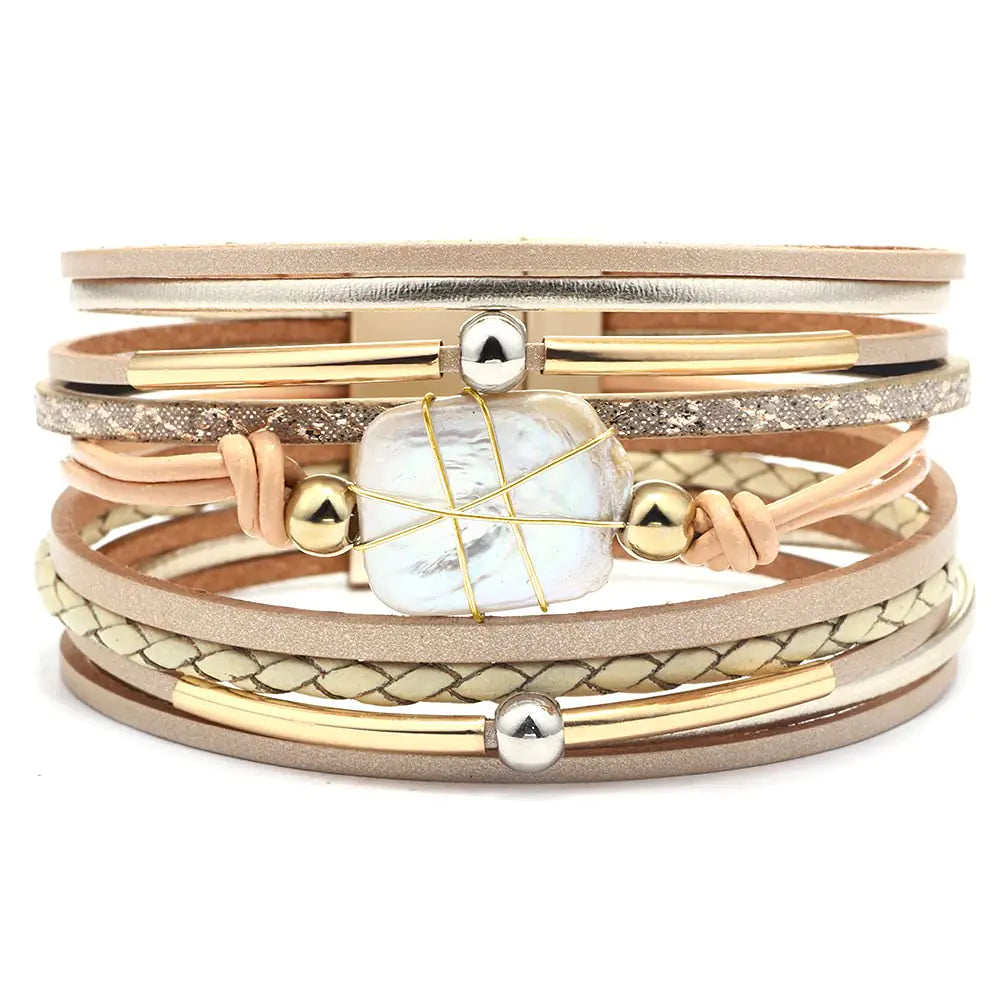 Fesciory Bracelet for Women – Boho Leather Wrap Multi-Layer Pearl Crystal Bracelet Bangle Jewelry